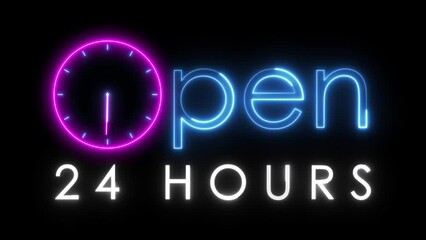 open 24 hours neon animated neon text advertising 24 hours looping 4k open twenty four hours always open