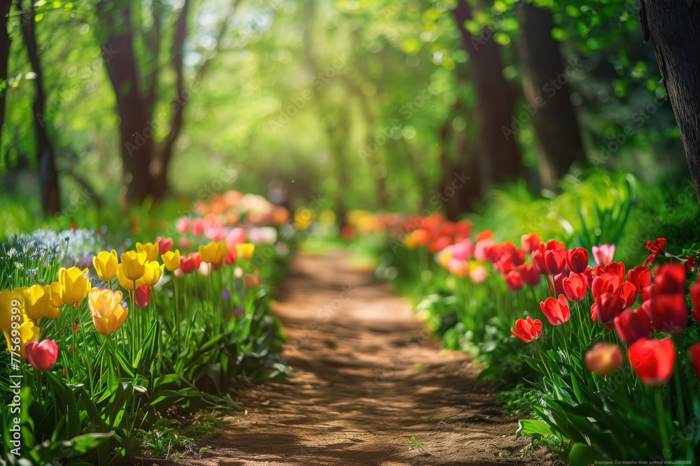Poster a path in the park with red and yellow tulips on both sides. background image. created with generati