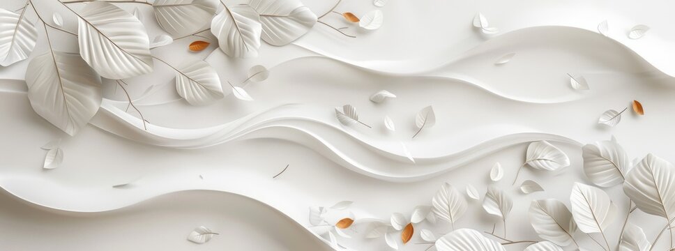 Fototapeta 3D wallpaper white leaves texture background. White nature wall art design with wavy lines. Abstract painting wallpaper for home decoration, mural print backdrop in the style of nature.