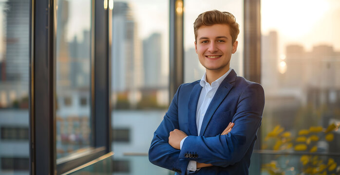 A smiling young business man in a blue suit standing with his arms crossed against a blurred cityscape background