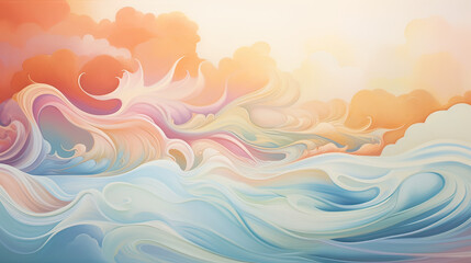 Fototapeta na wymiar An artistic representation of gentle breezes and soft ripples, depicted through abstract waves in pastel blue and orange Ai Generative