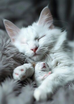 Dreamy Naptime: Fluffy Cat and Mouse in Deep Slumber