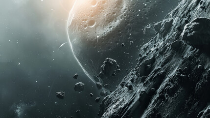 Moon rocks under a star-filled sky on the lunar surface. - obrazy, fototapety, plakaty
