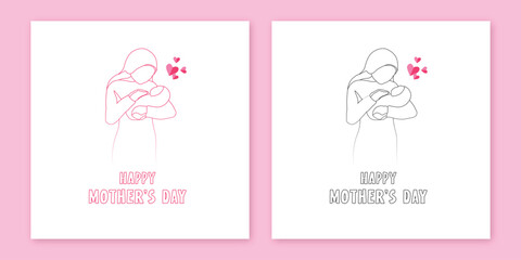 Happy mother's day social media post design with mother character line art background and mom wishing or greeting card banner design vector illustration