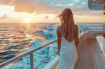 A woman in white dress standing on the deck of yacht