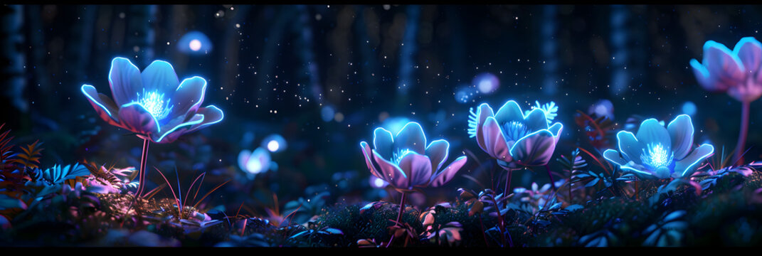  A forest scene with fairy tale like creatures and glowing flowers cool wallpaper, A forest with a glowing flower and a blue and purple light in the night fantasy magical forest. Fairy tale concept, n