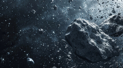 Moon rocks under a star-filled sky on the lunar surface. - obrazy, fototapety, plakaty