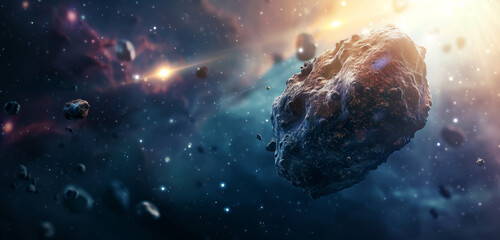 Colorful asteroid floating in a star-filled nebula. - obrazy, fototapety, plakaty