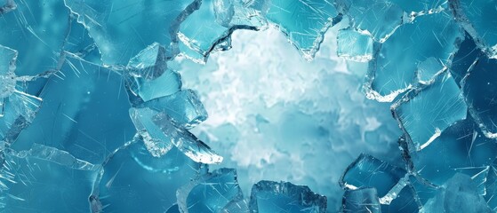 Broken blue ice background, arctic broken hole, frozen frame.