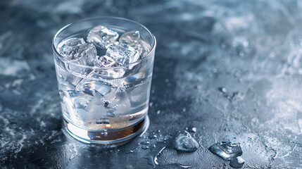 Glass of vodka with ice cubes on dark background, soda, single object, whiskey, cube shape, drinking water - obrazy, fototapety, plakaty