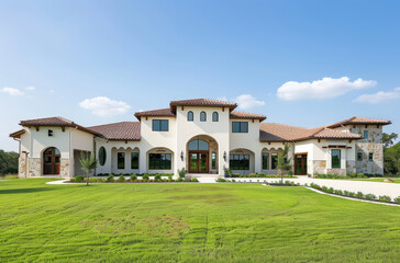 A photo of the front view of a beautiful modern home in central Texas, featuring traditional cream-colored stucco with dark stone accents and large windows on one side.