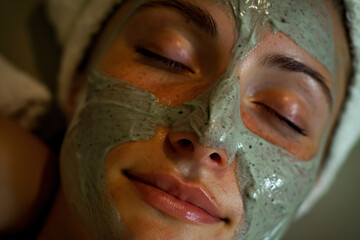 A beautiful woman in her late twenties receiving a facial treatment with a sheet mask on at the spa salon. The photo features high detail with professional color grading and soft shadows. 