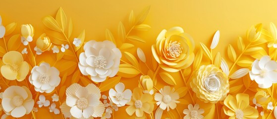 This is an illustration of a 3D render of a yellow paper flowers background with white leaves, a Valentine's day greeting card, an Easter bouquet, and a sunny floral composition.
