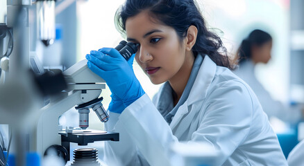 An attractive female scientist wearing blue gloves and a white lab coat, looking through a microscope in laboratory