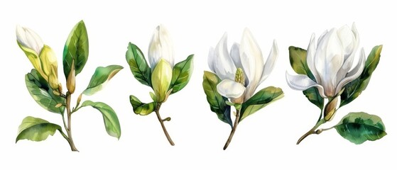 Isolated white background with watercolor botanical illustration of magnolia flowers, a green leaf, spring nature, and floral design elements