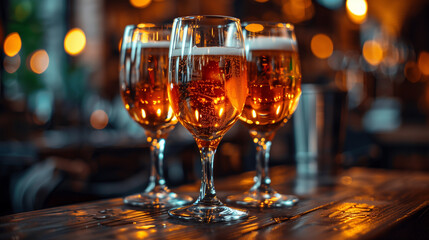 three glasses of beer on wooden table, wineglass, background, illuminated, pub, wood