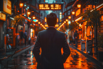 Back view of a man contemplating vibrant neon signs in a traditional urban district at night - obrazy, fototapety, plakaty