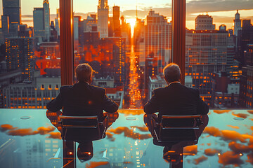 Two businessmen in suits seen from behind, contemplating cityscape at dusk