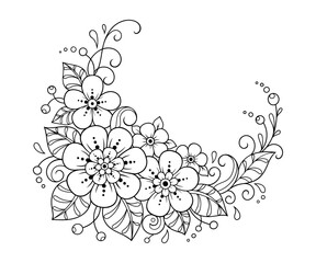 Mehndi flower pattern for Henna drawing and tattoo. Decoration in ethnic oriental, Indian style. Doodle ornament. Outline hand draw vector illustration.
