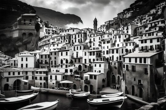 Fototapeta A cinematic black and white photograph of Vernazza village, evoking a sense of nostalgia and highlighting the timeless beauty of the coastal town