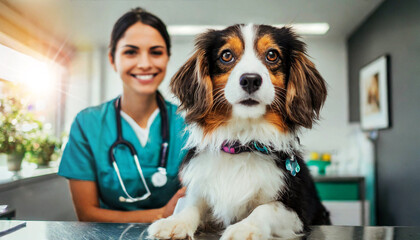 Closeup of a beautiful dog on the table in a veterinary clinic looking at camera, in the background a blurry young female veterinarian with stethoscope, smiling and looking at camera. Generative Ai.