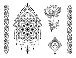 Set of Mehndi flower and seamless border pattern for Henna drawing and tattoo. Decoration in ethnic oriental, Indian style. Doodle ornament. Outline hand draw vector illustration.