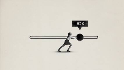 Contemporary art collage. Business lady trying to move bow to end. Achievements and career growth....