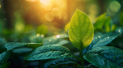 Green leaf in sunlight, outdoors, springtime, growth, environment, dew