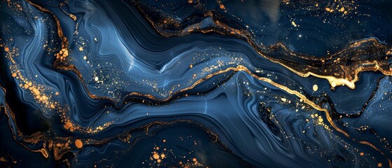 Digital marbling illustration with an abstract luxurious dark blue background, fake agate with golden veins, painted artificial stone texture, marbled surface, and digitally marbling surface - obrazy, fototapety, plakaty