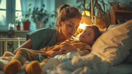 nurse wearing green tries to feed a child with cancer sleeps as his hospital bed,generative ai - obrazy, fototapety, plakaty