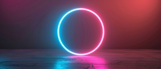 3D render, neon neon background with fluorescent ring, round blank frame, laser line glowing pink and blue. - obrazy, fototapety, plakaty