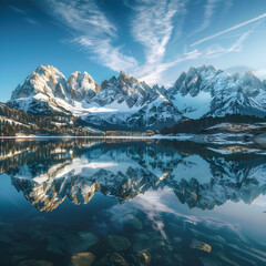 Glorious Sunrise over Snow-Capped Mountains Reflected in a Pristine Lake