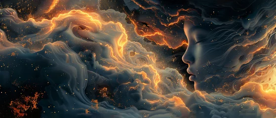 Papier Peint photo autocollant Ondes fractales Woman in cloud of fire, futuristic, glowing, fractal, galaxy, wave