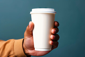 Hand holding white paper cup in the style of minima