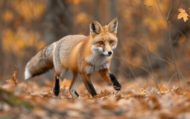 Autumn Fox Strolling Through Fallen Leaves