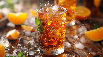 Glass of iced tea with ice and mint leaves, drinking glass, drop, liquid, refreshment, cola - obrazy, fototapety, plakaty