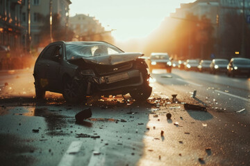 Car crash. Accident on the road in an evening city. AI generative - obrazy, fototapety, plakaty