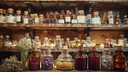 Bottles of essential oils and herbs on shelf, capsule, alternative therapy, pill, homeopathic medicine, healthy lifestyle