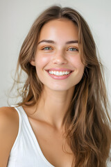 Naklejka premium Young woman close up portrait. Model woman laughing and smiling. Healthy face skin care beauty, skincare cosmetics, dental