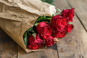 love, date, flowers, valentines day and holidays concept - close up of red roses bunch wrapped into brown paper on wooden table - Powered by Adobe