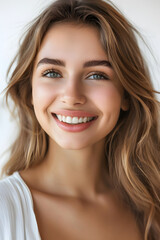 Fototapeta premium Young woman close up portrait. Model woman laughing and smiling. Healthy face skin care beauty, skincare cosmetics, dental