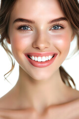 Naklejka premium Young woman close up portrait. Model woman laughing and smiling. Healthy face skin care beauty, skincare cosmetics, dental