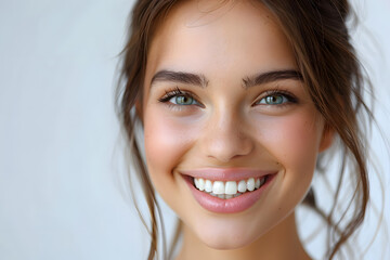 Naklejka premium Young woman close up portrait. Model woman laughing and smiling. Healthy face skin care beauty, skincare cosmetics, dental