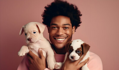Close up shot of pleased handsome man with Afro hair holds two puppies, spends leisure time with loyal animal friends