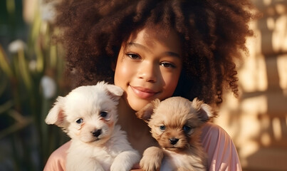 Close up shot of pleased girl with Afro hair holds two puppies, spends leisure time with loyal animal friends - obrazy, fototapety, plakaty