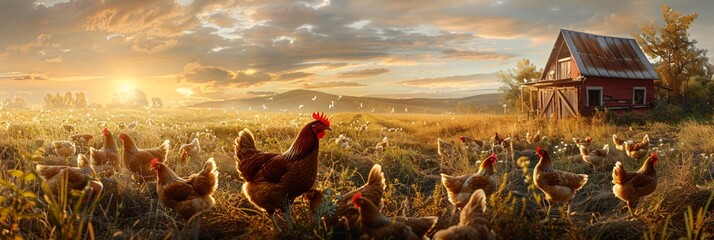 A harmonious blend of nature and agriculture, this image celebrates the life of free-range egg-laying chickens in both pastoral fields and a structured commercial coop - obrazy, fototapety, plakaty