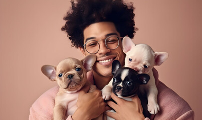 Close up shot of pleased handsome man with Afro hair holds two puppies, spends leisure time with loyal animal friends - obrazy, fototapety, plakaty