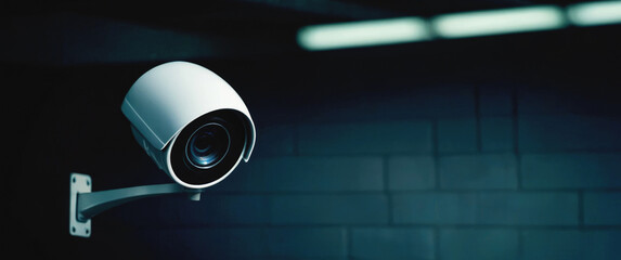 A single CCTV camera is attached in a dark room. Security monitoring.