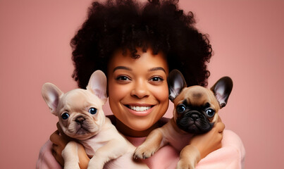 Close up shot of pleased girl with Afro hair holds two puppies, spends leisure time with loyal...
