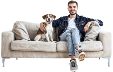 man sitting on a sofa with a dog isolated on a transparent background